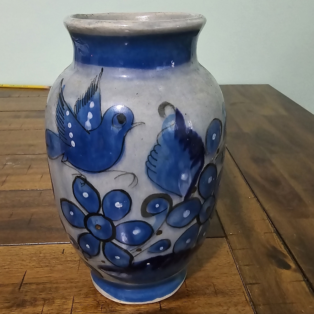 Vintage Tonala From Mexico Ceramic Vase with Bird And Flowers Design